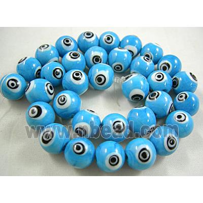 lampwork glass beads with evil eye, round, blue