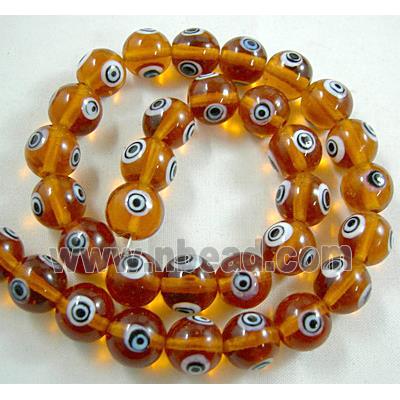 lampwork glass beads with evil eye, round, yellow