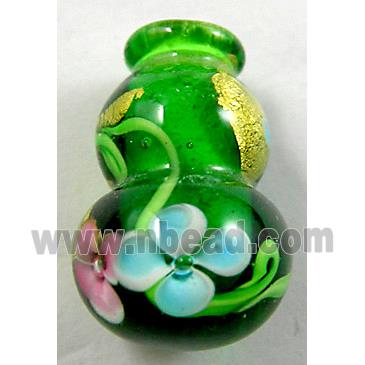 Lampwork Glass Bottle pendant with gold foil and flower, mix