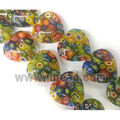 Millefiori glass bead, heart, mixed