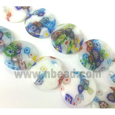 Millefiori glass bead, flat-round, mixed