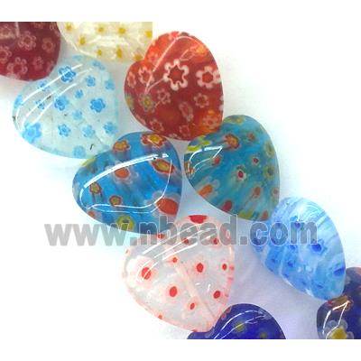 Millefiori glass bead, heart, mixed