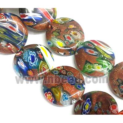 Millefiori glass bead with goldsand, flat-round, mixed