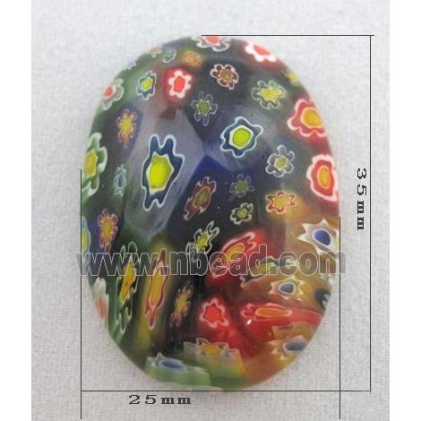 Murano Millefiori Glass Cabochon, oval, multi-flower, flat-back