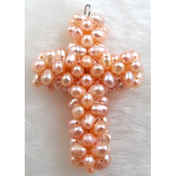 freshwater pearl pendant, cluster, cross, handcraft, mixed color