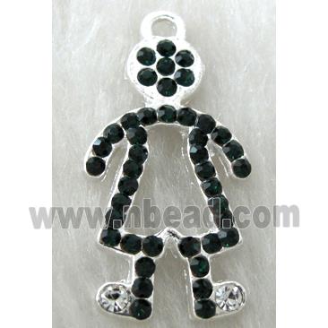 Alloy pendants paved black rhinestone, silver plated