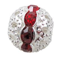 Rhinestone, copper round bead, silver plated, red