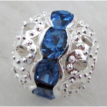 Rhinestone, copper round bead, silver plated, blue