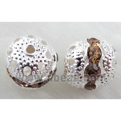 Rhinestone, copper round bead, silver plated, champagne