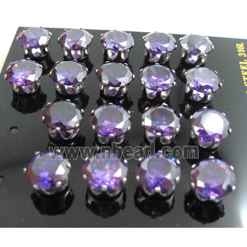 hypoallergenic Stainless steel earring with deep purple cubic zirconia