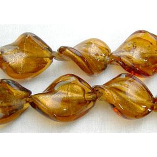 deep Golden Handmade Twist Silver Foil Glass Bead