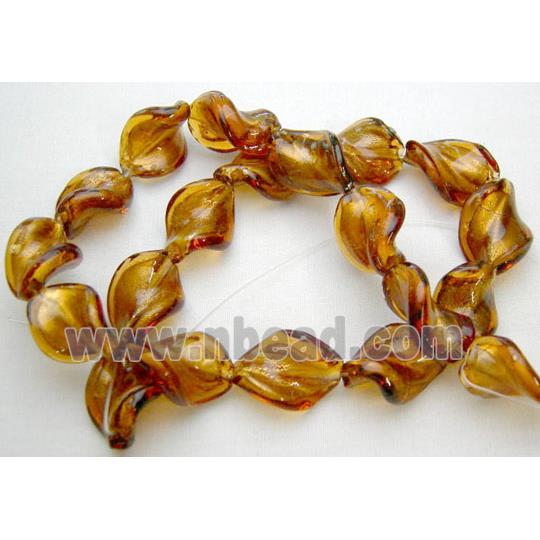 deep Golden Handmade Twist Silver Foil Glass Bead