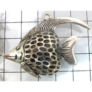 Hollow Tibetan Silver Zinc fish pendant, lead free and nickel free, 36x52mm