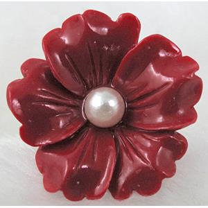 Compositive coral camellia flower, Finger ring, Red, flower:30mm dia, ring:17mm