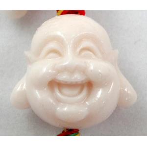 Compositive coral bead, smile buddha, white, 22mm dia, 16pcs per st