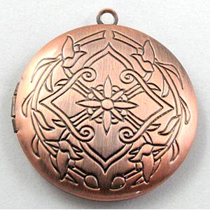 necklace Locket pendant, flat-round, copper, Red copper plated, 33mm dia, nickel free