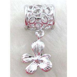 necklace hinged bail, pinch, flower, copper, platinum plated, 14mm wide, hole:10mm, pendant:16mm dia, bail wide: