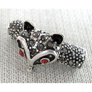 bracelet bar, alloy tube paved rhinestone, antique silver, approx 6x26mm, 4mm hole