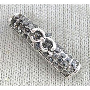 bracelet bar, alloy tube paved rhinestone, antique silver, approx 6x26mm, 4mm hole