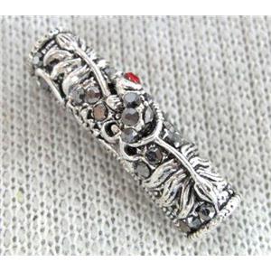 bracelet bar, alloy tube paved rhinestone, antique silver, approx 6x26mm, 4mm hole