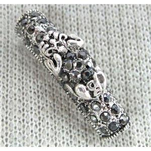 bracelet bar, alloy tube paved rhinestone, antique silver, approx 6x26mm, 4mm hole