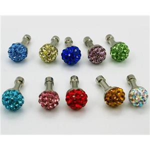 Earphone Jack Dust Cap Plug with Rhinestone, mixed, 8mm