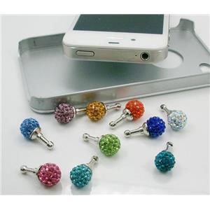 Earphone Jack Dust Cap Plug with Rhinestone, mixed, 10mm dia