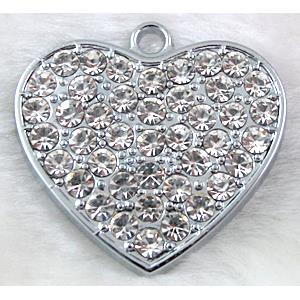 heart Pendants, rhinestone, alloy, platinum plated, 38mm wide