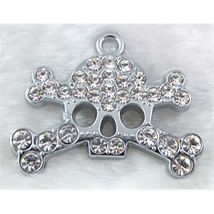 skull Pendants, rhinestone, alloy, platinum plated, 43x35mm