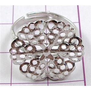 baroque style Ring, adjustable, copper, Nickel Free, ring:18mm dia, flower:20mm, color: silver plated