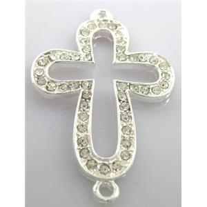 bracelet bar, alloy four-leaf clover cross Rhinestone pave, silver plated, 28x35mm