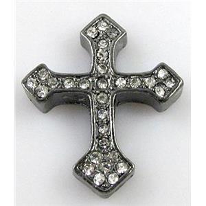 bracelet bar, cross with rhinestone, alloy bead, black, 30x36mm