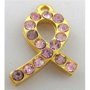 cancer awareness ribbon, alloy pendant with rhinestone, gold plated, approx 12x26mm