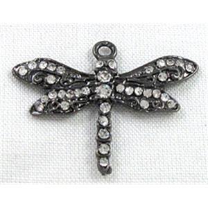 alloy pendant with rhinestone, black, dragonfly, 32x25mm