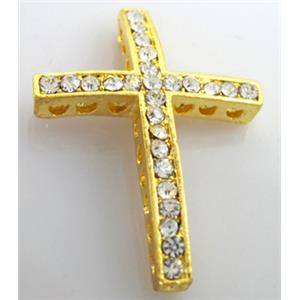 bracelet spacer, alloy cross with rhinestone, golden, 25x35mm