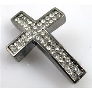 bracelet spacer, alloy cross rhinestone pave, black, 26x40mm, 3mm hole