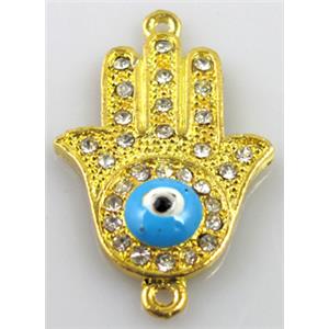 Hamsahand, evil-eye bracelet bar, alloy connector with rhinestone, golden, 22x35mm