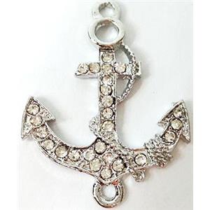 anchor charm, Bracelet bar, alloy connector with rhinestone, platinum plated, 38x20mm