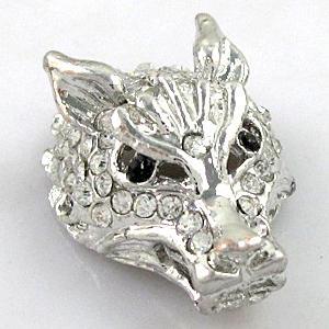 Bracelet bar, alloy bead with rhinestone, wolf, 22x30mm