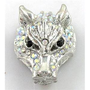 Bracelet bar, alloy bead with rhinestone, wolf, 22x30mm