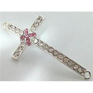 bracelet bar, cross, alloy bead with rhinestone, platinum plated, 24x50mm