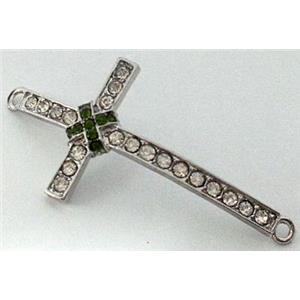 bracelet bar, cross, alloy bead with rhinestone, platinum plated, 24x50mm