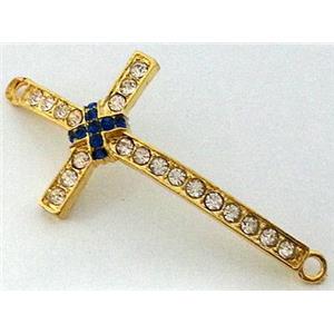 bracelet bar, cross, alloy bead with rhinestone, gold, 24x50mm