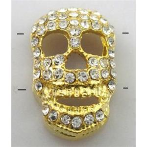 Bracelet bar, alloy bead with rhinestone, skull, gold, 13x20mm