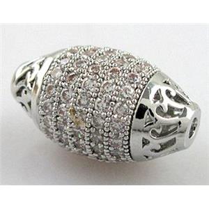 bracelet spacer, copper bead with zircon rhinestone, platinum plated, 10x16mm