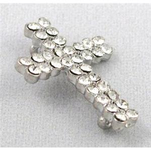 bracelet bar, cross, alloy bead with rhinestone, platinum plated, 15x22mm