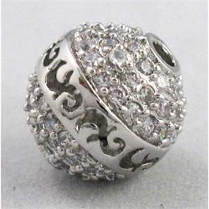 bracelet spacer, copper bead with zircon rhinestone, platinum plated, 12mm dia