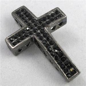 bracelet spacer, cross, alloy bead with rhinestone, black, 26x40mm, 3mm hole