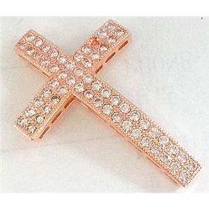 bracelet bar, cross, copper bead with zircon rhinestone, red copper, approx 23x37mm