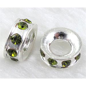 alloy bead with rhinestone, silver plated, 12mm dia, Olive